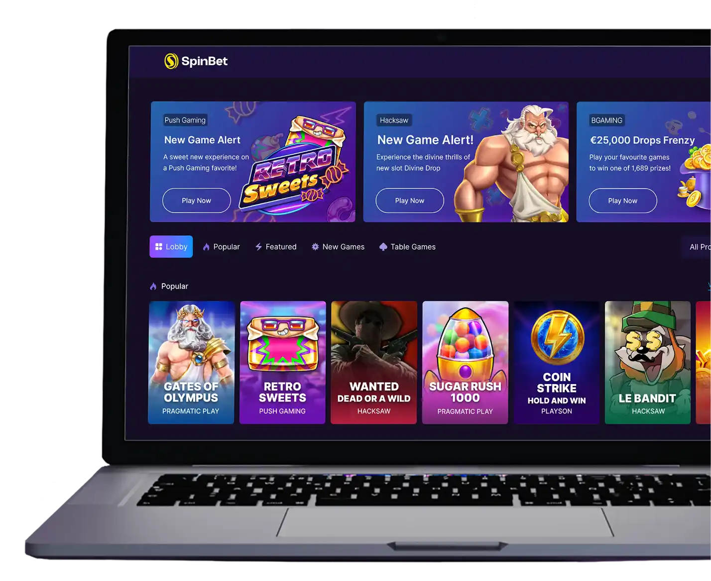 SpinBet casino homepage view on desktop